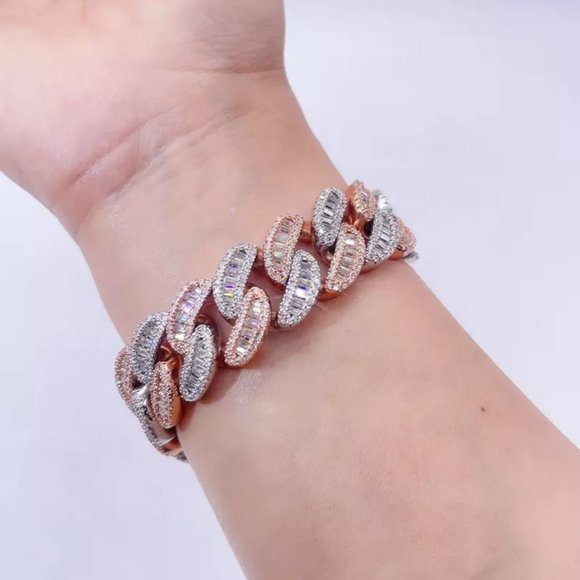 Iced Out Two-Tone Rosegold VVS Baguette Moissanite diamond Cuban Link Bracelet - Picture 1 of 5